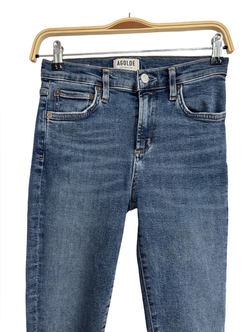 AGOLDE High Rise Skinny Jeans Raw Hem Medium Wash Stretch Denim Size 26